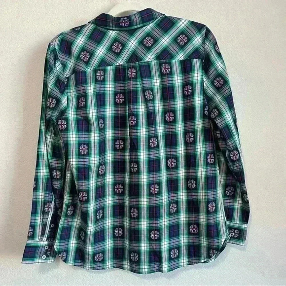 Talbots Navy Blue Green Red Plaid Snowflake Long Sleeve Button Up Dress Shirt XL - Picture 2 of 8